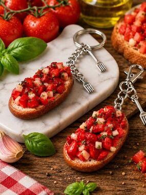Bruschetta Keychain or Bag Clip – Handmade Italian Appetizer with Fork Charm